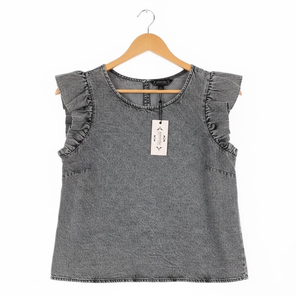 NWT Nanette Lepore Acid Wash Gray Ruffle Flutter Sleeve Cotton Blouse Top S